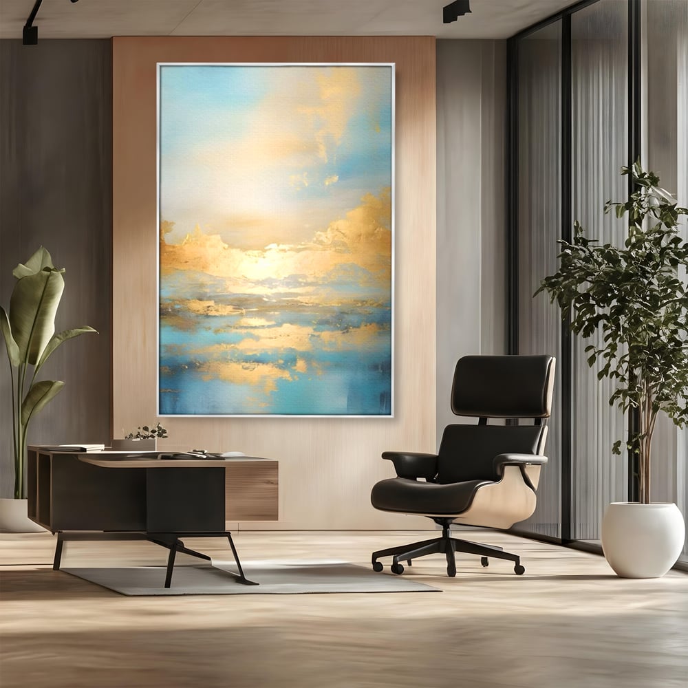 Tablou canvas cu tablou canvas cu peisaj marin abstract, in rama de aluminiu argintiu, pe perete intr-un birou